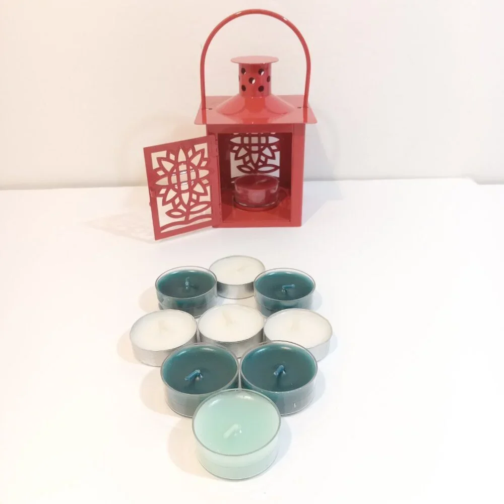HMK Lantern Candle Tea Light Holder Red Metal Floral Door Opens Handle Free Gift